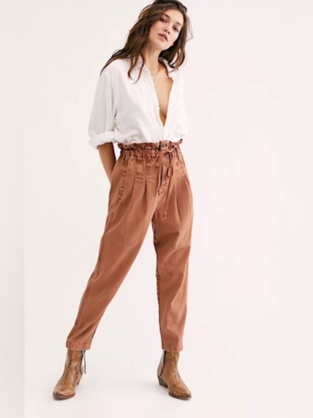 Free People Cocoa Mar Brown Tie Waist Pants - Smocked High Rise Jogger Style